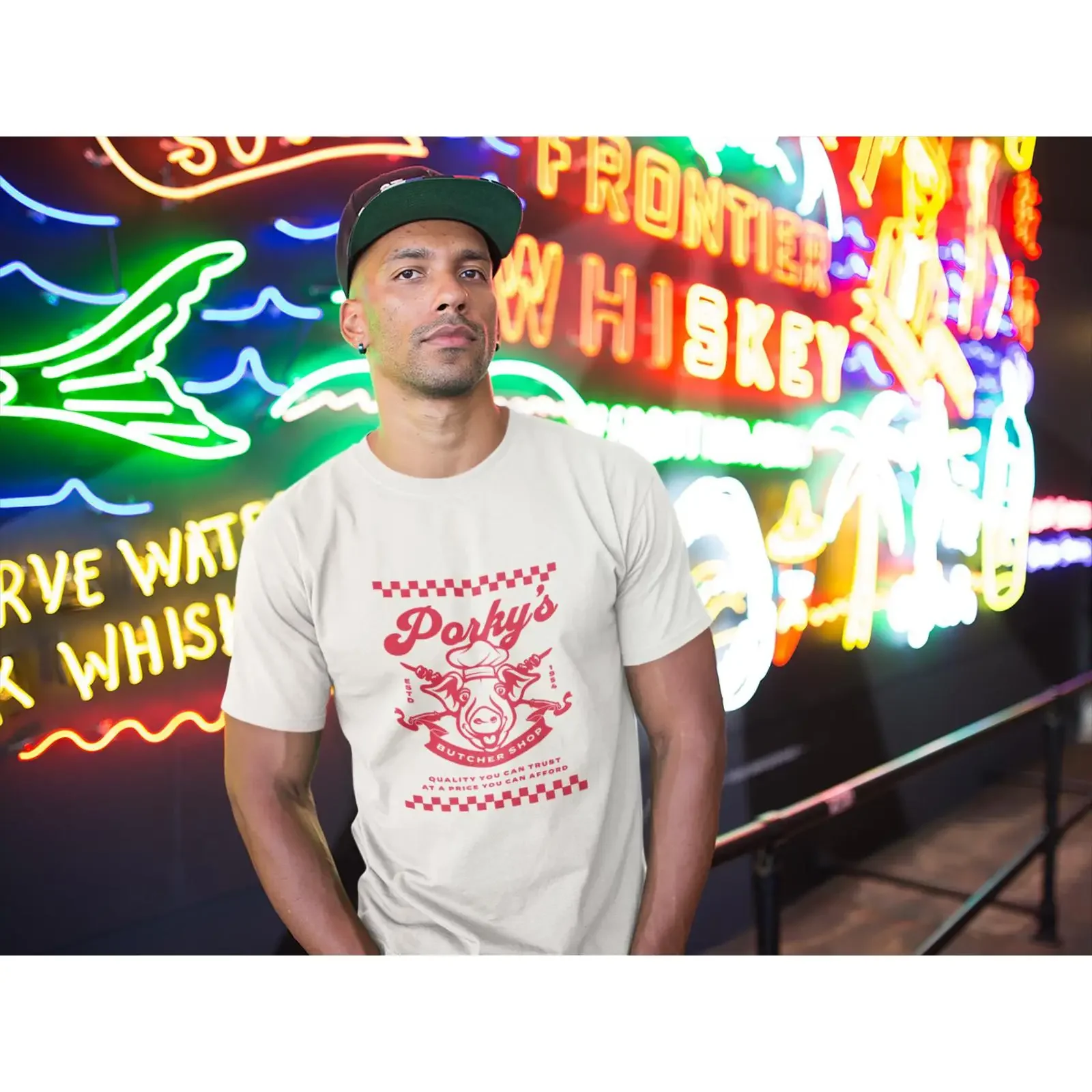 Camiseta Retro Vintage para Hombre, Estilo Porky Butcher Shop, Lavada, Versátil, Unisex, para Uso Diario Informal