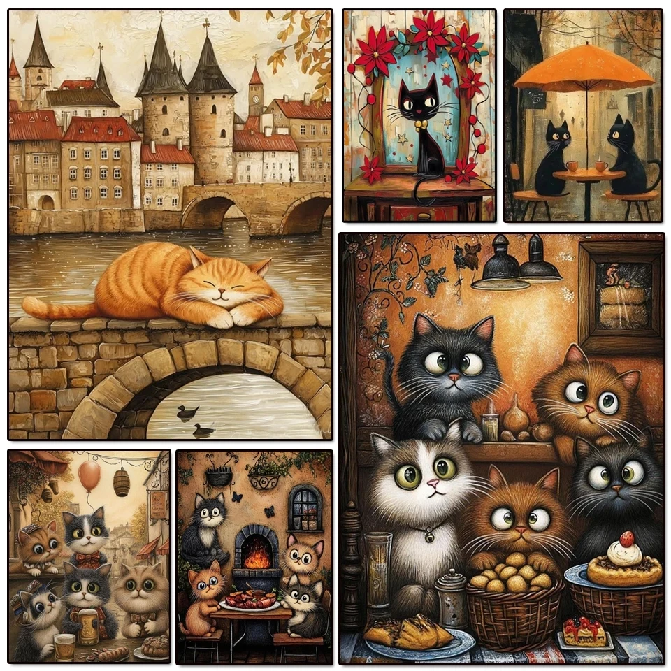 DIY Full Diamond Painting Cute Cartoon Cat Scenery Mosaic Adult Dot Diamond Cross Stitch Set Living Room Bedroom Decorative