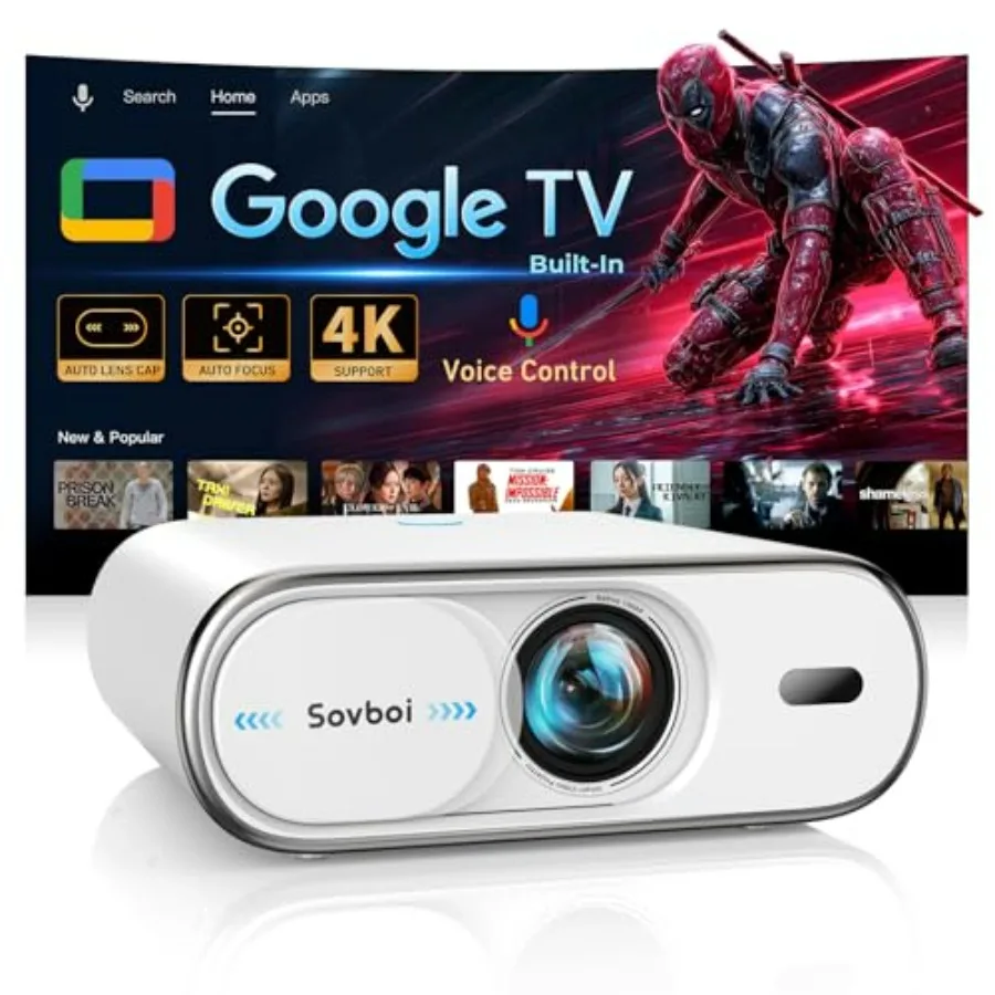 

Умный портативный 4K-проектор с Google TV, WiFi6, Bluetooth, 2500 ANSI, автофокусом, 4D-коррекцией трапецеидальных искажений, голосовым управлением AI для просмотра фильмов на открытом воздухе
