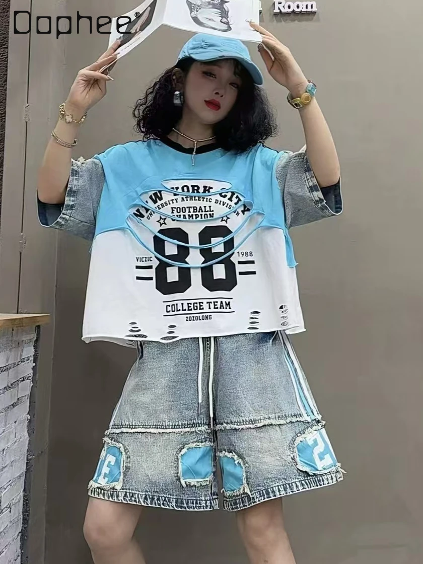 

Oversized T-Shirt Distressed Color Block Streetwear Tee European T-shirt Women's Summer New Letter Printing Ripped Loose Top