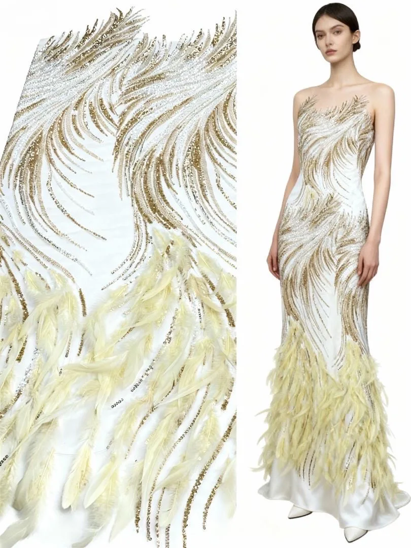 

Fashion 3D Feather Lace 2025 High Quality African Lace Fabric Bead French Feather For Nigerian Ladies Party Wedding Dress Sewing