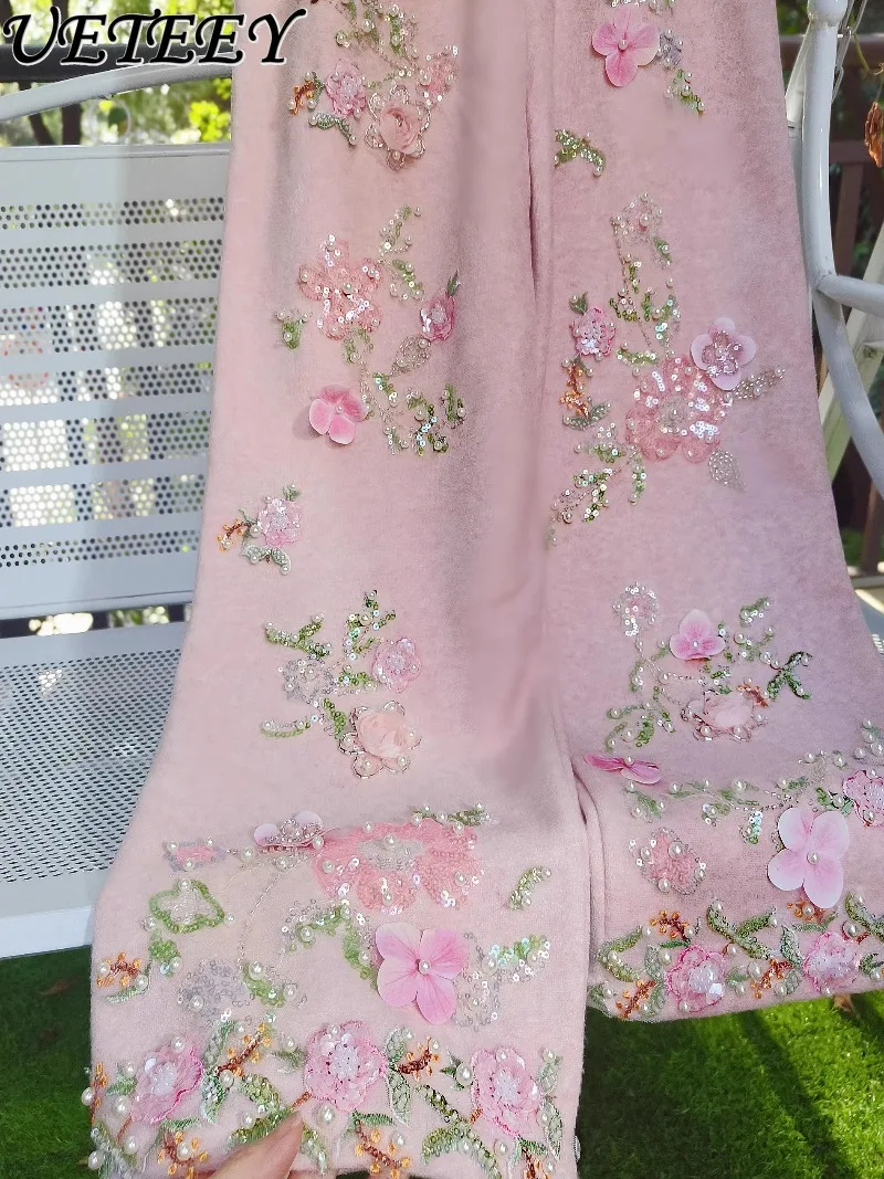 الفاخرة الراقية الخريف الشتاء الثقيلة الترتر ثلاثية الأبعاد زهرة السراويل الجنية الصوف مبطن المرأة عادية عالية الخصر واسعة الساق السراويل #4