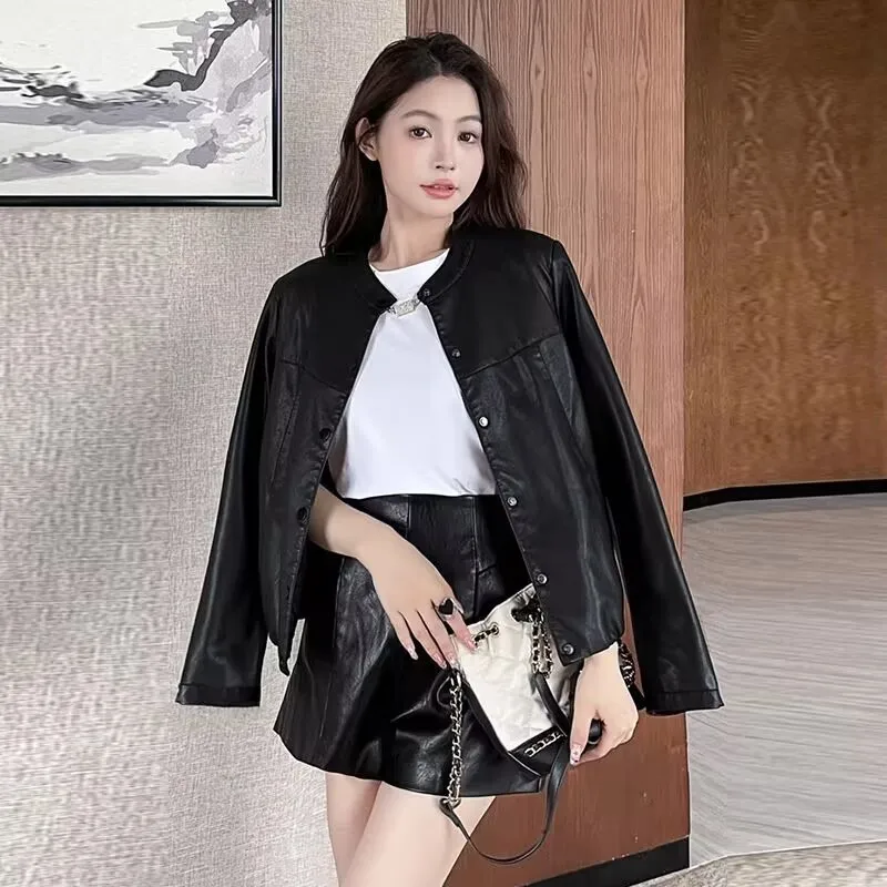 Spring Lady Solid Color Leather Jacket High-grade Women Round Neck PU Leather Tops Femme Large Size 4XL Faux Leather Coat