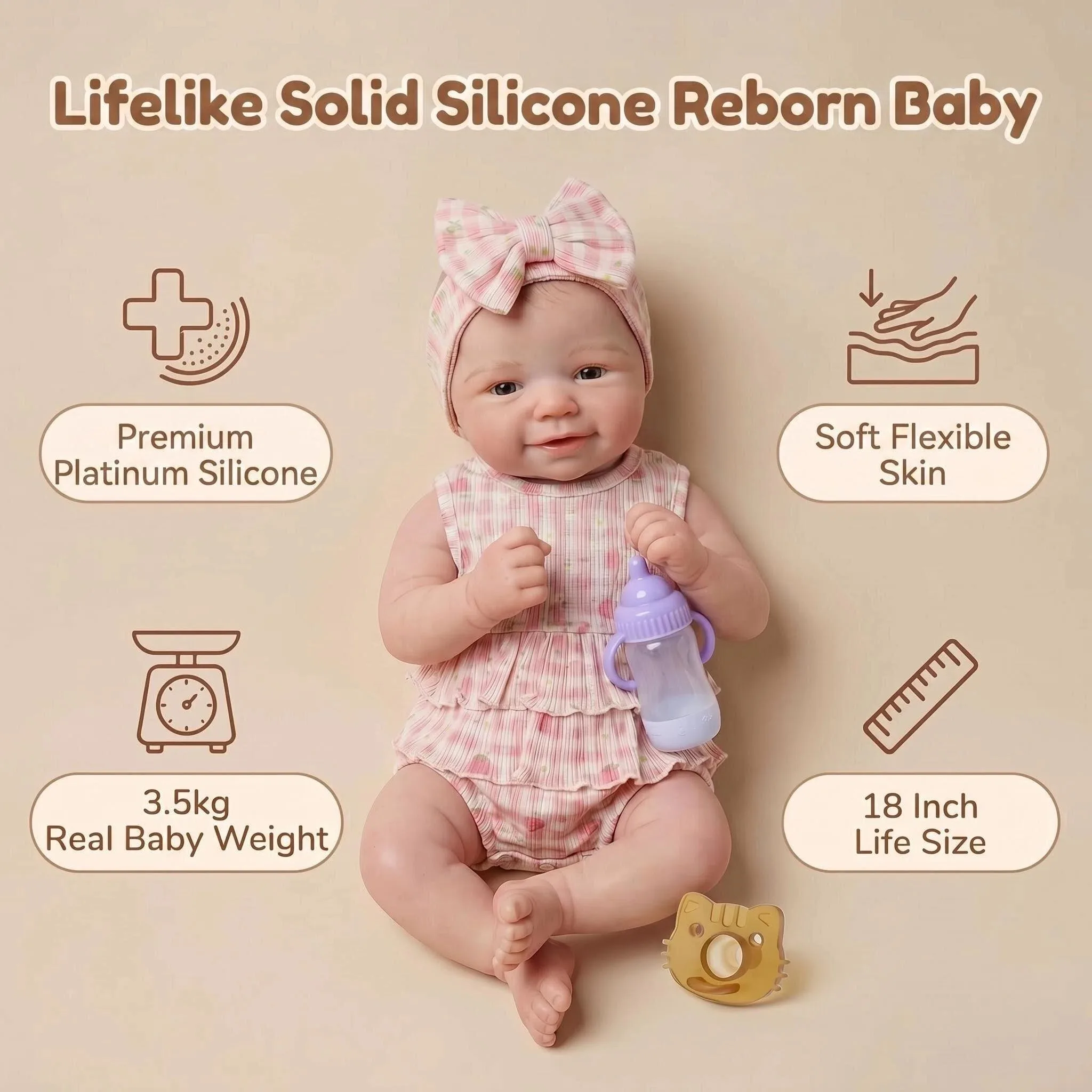 NPK 18inch Lifelike Silicone Doll - Flexible Super Soft Smiling Girl Vivienne Platinum Elastic Touch Gift for Children
