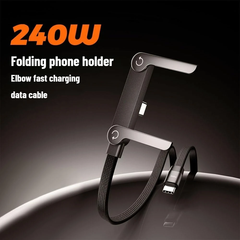 Right Angle USB C Cable 240W with Foldable Stand Holder Nylon Braided Fast Charge for Hands-Free Viewing Compatible with Samsung