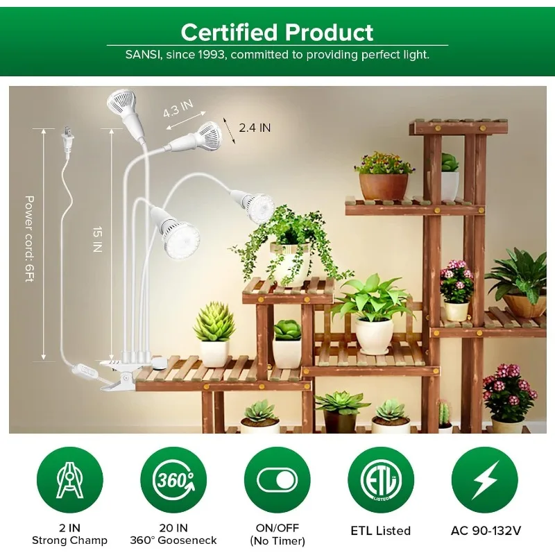 SANSI-LED Grow Lights para plantas de interior, Full Spectrum, Clip-on Gooseneck, Grow Light com Cerâmica Tech.40W Power, Plant Light, 600W