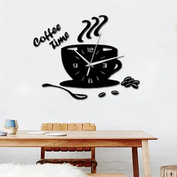 Creative Coffee Cup Wall Clock Sticker Modern Design 3D Mirror Home Decoration Accessories Living Room Background Wall Decor