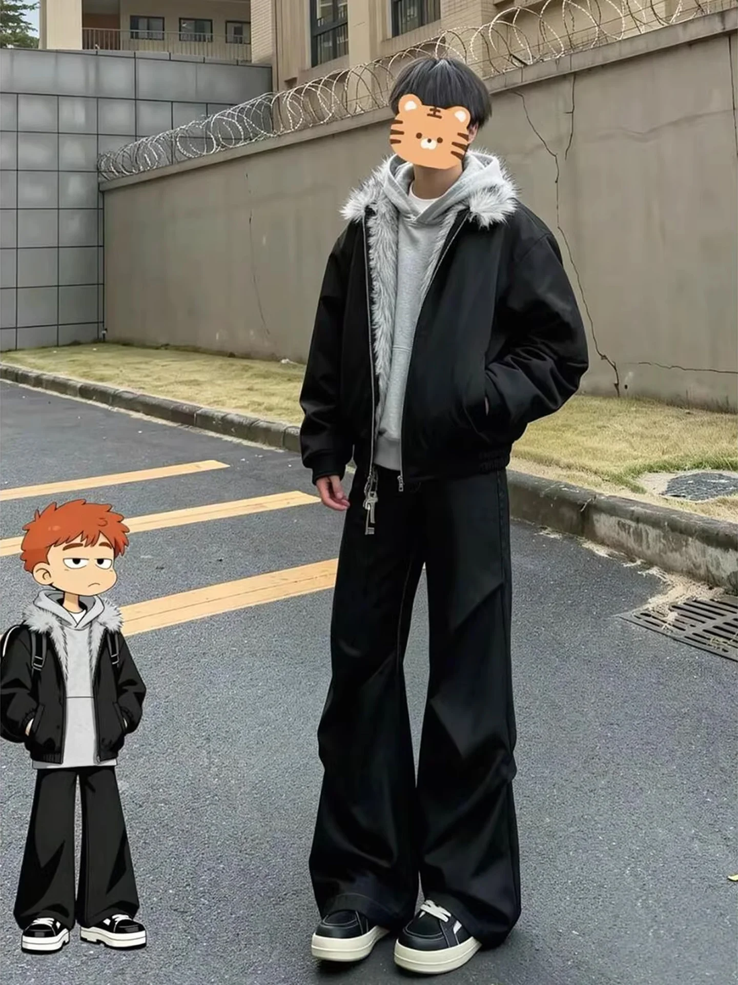 

Men's Winter Straight Leggings Black Folded Flared Pants Casual Trousers with Fleece Warmth Enhancing Leg Length Visual Effect