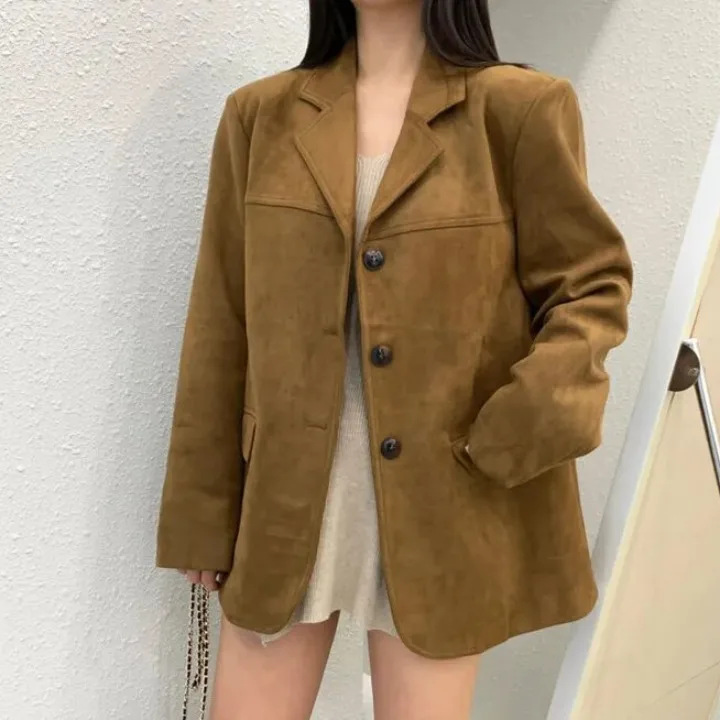 Chic Vintage da donna in pelle Jaet allentato dimagrante bottone singolo sentimenti di fascia alta pelle di cervo abito in velluto Top Quali Faion