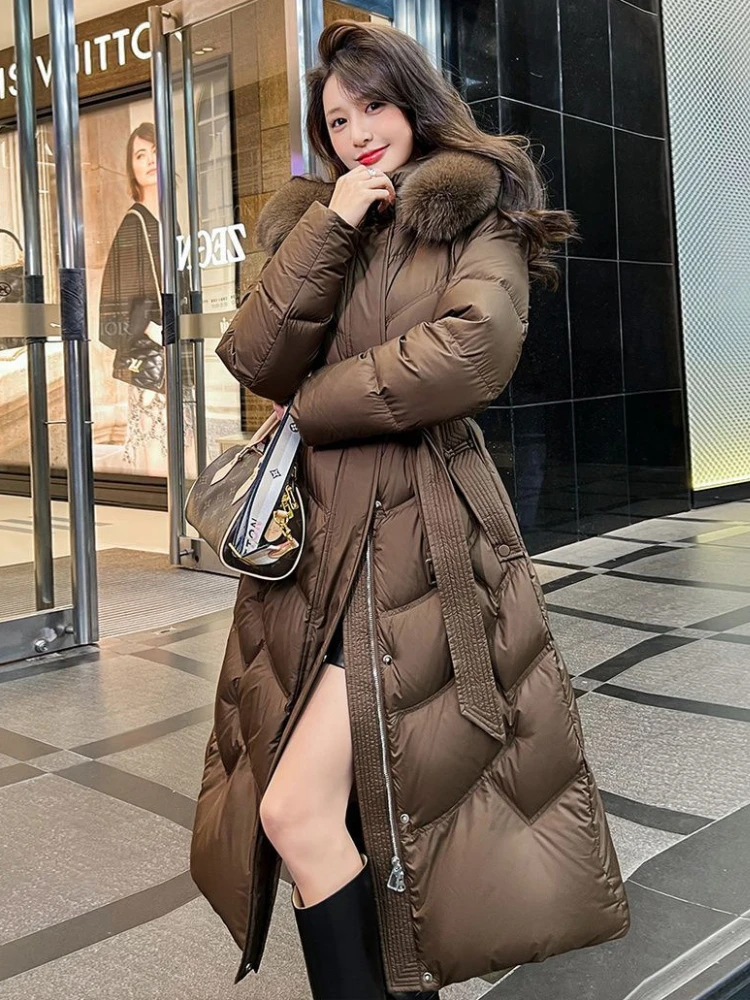 

Thickend White Goose Downs Down Jacket Winter High-Quality Elegant Big Fox Fur Collar Hooded Lace-Up Slim Long Down Coat Women