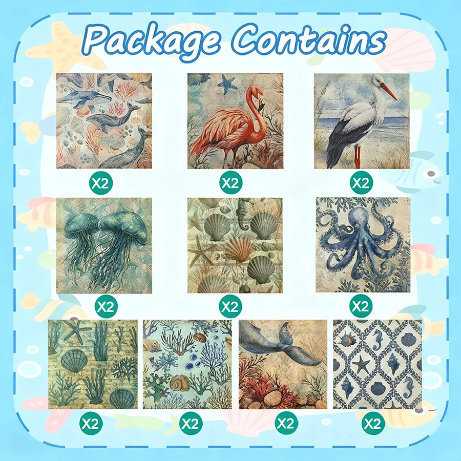 20 Stück Vintage Einweg-Papierservietten mit Meereslebewesen-Motiven, Oktopus- und Flamingo-Designs für Küstenhochzeiten und Tischdekoration – Detail 3