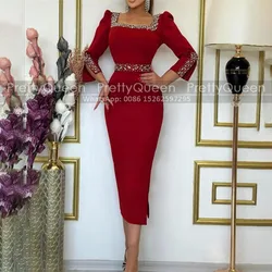 Customized Heavily Beaded Prom Dresses Side Slit Square Neck Mermaid Long Sleeves Tea Length Sheath Party Dress Formal Gown