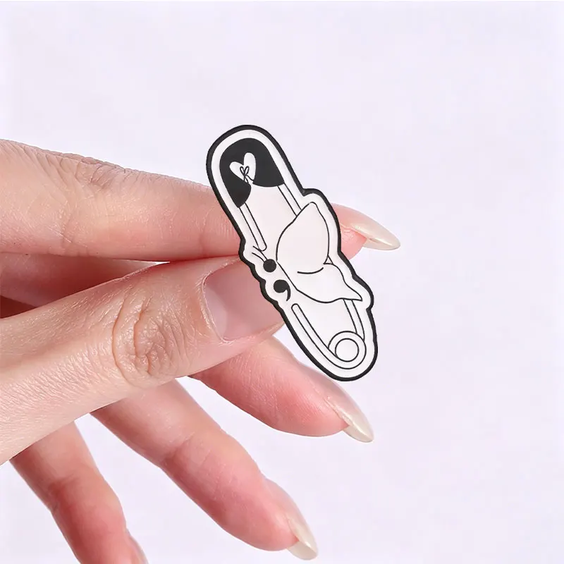 Black White Safety Pin Butterfly Enamel Pins Mental Health Brooches Lapel Badges Semicolon Jewelry Gift for Friends view 4
