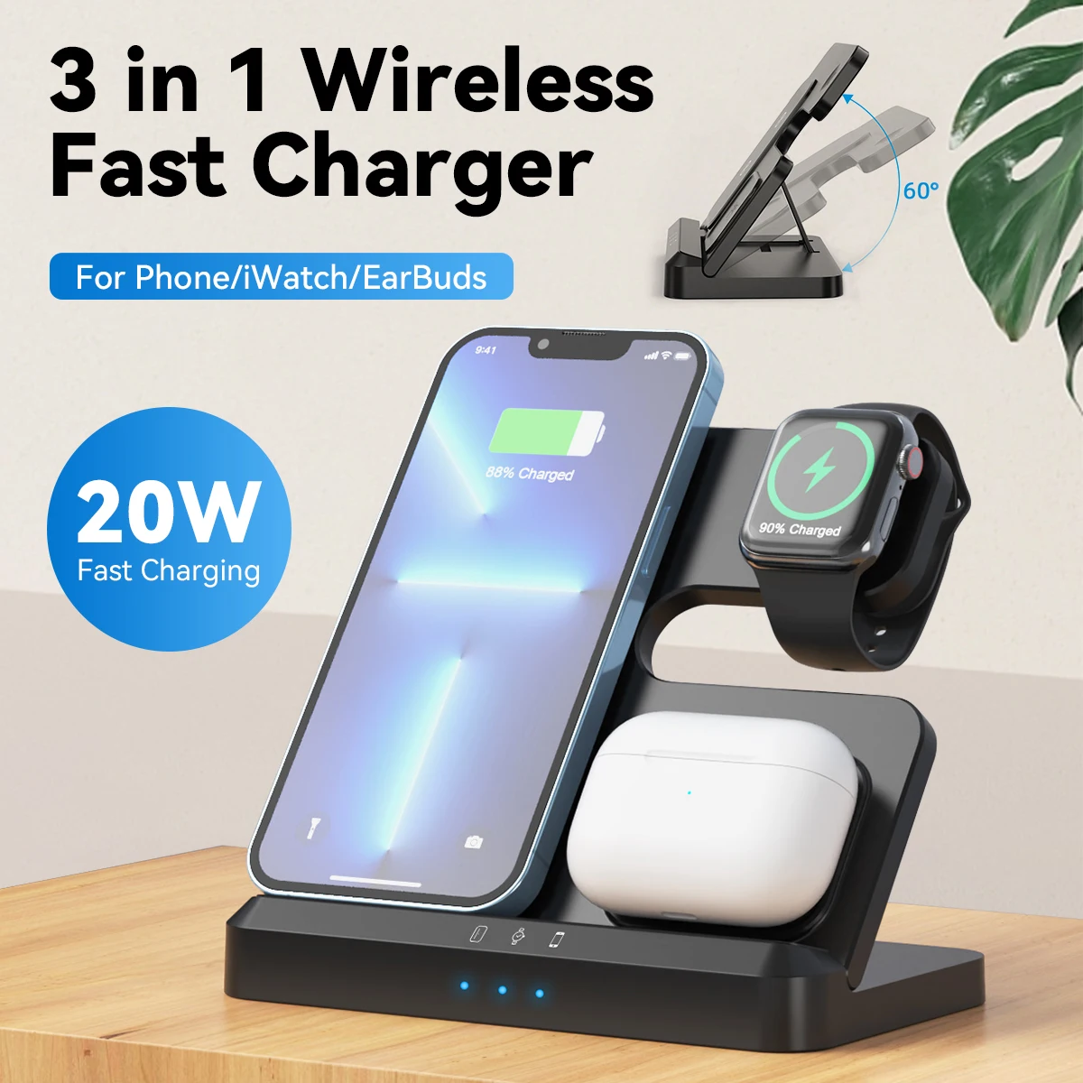 3-in-1 Folding Wireless Charger for Apple Watch Phone Headphones Wireless Fast Charger for iPhone 14 15 16 iWatch