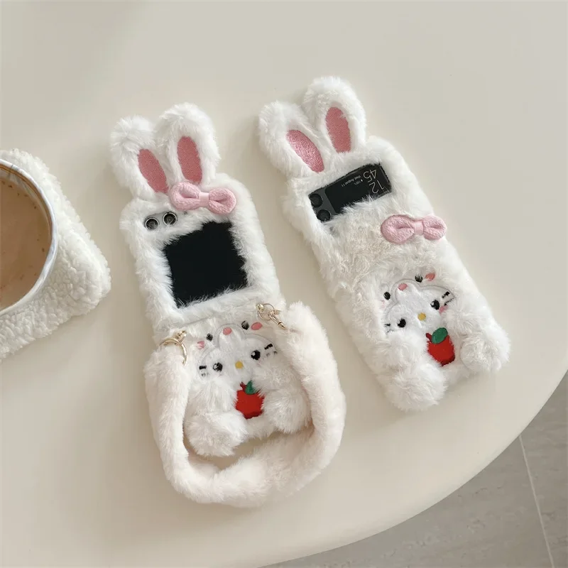 

Plush Bow Rabbit Phone Case for Samsung Galaxy Z Flip 6 5 4 3 Protective Back Cover for ZFlip4 ZFlip5 ZFlip6 Case Shell