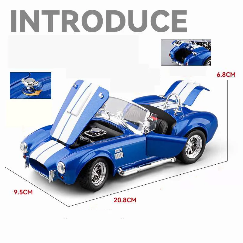 1:24 Ford Shelby Cobra 427 S/C coche en miniatura de aleación sonido y luz tirar hacia atrás juguete para niños coleccionables regalo de cumpleaños