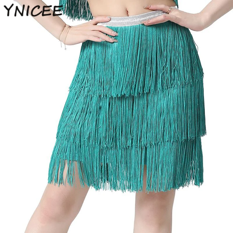 Women's Sequin Tassel Skirts Rave Fringe Latin Tango Clothes Rumba Dancewear Stage Performance Dance Costume for Female and Girl