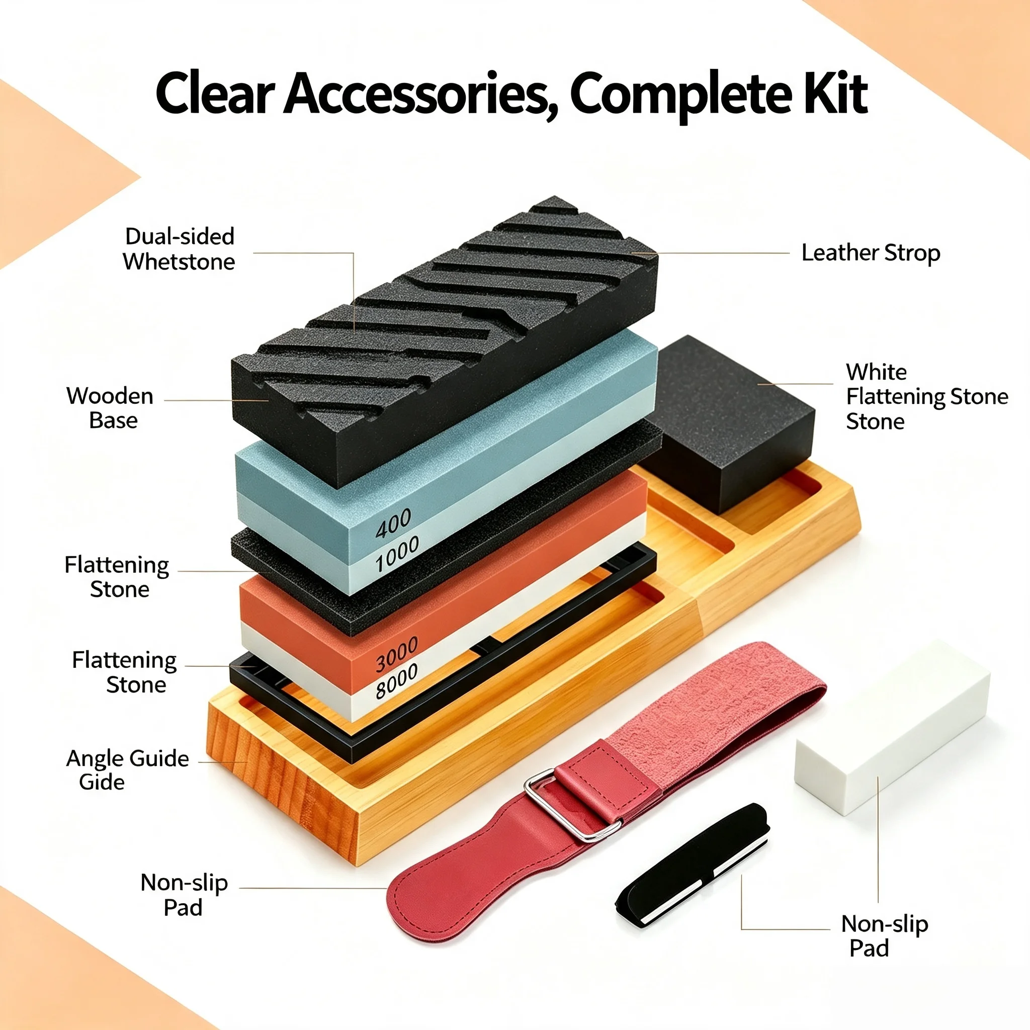 Household professional dual-sided sharpening oilstone set fitted with non-slip base leather strop and stone flattening tool