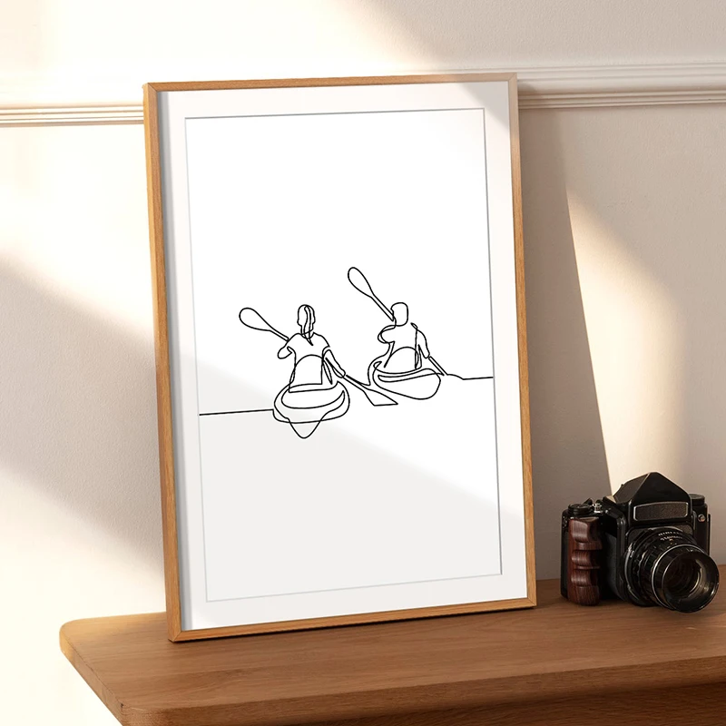 Línea de Kayak minimalista, impresión artística de canoa, decoración de pared, pintura en lienzo, pareja de kayak en el lago, póster de dibujo, decoración de la habitación del hogar