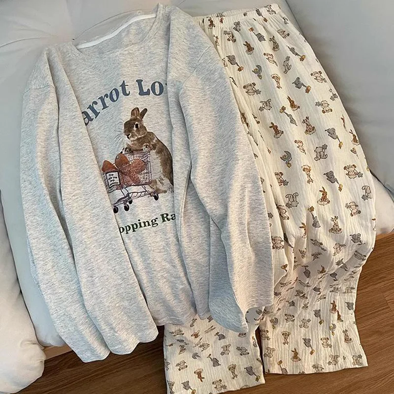 Ins-Style Women's Pajamas, Long-Sleeve Top and Long Pants, Korean-Style Spring and Autumn Sweet Pajamas, Loose Loungewear Set
