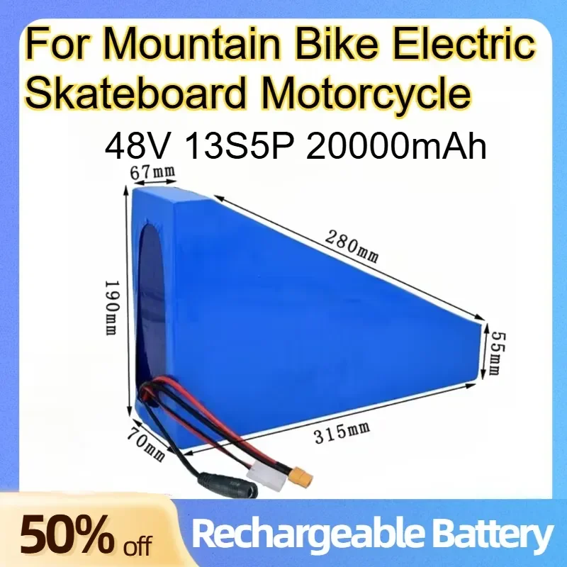 18650 Lithium Battery Pack 48V 13S5P 20000mAh for Mountain Bike Electric Skateboard Motorcycle Triangle Rechargeable