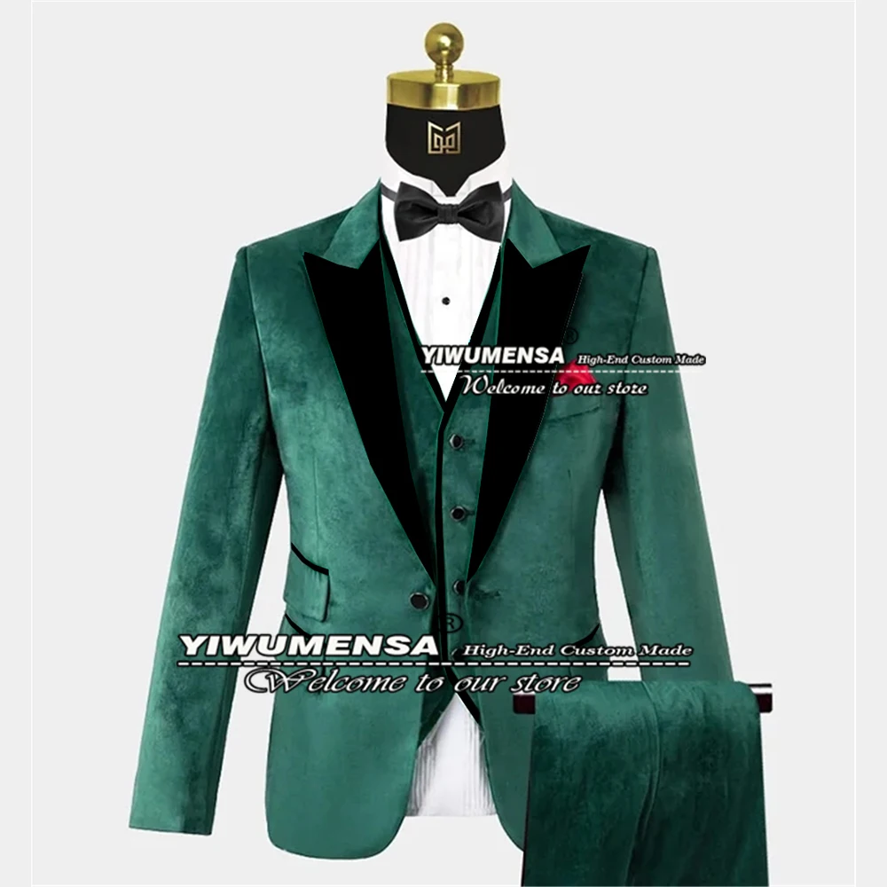 

Green Velvet Suits Men 3 Pieces Set Singel Breasted Black Lapel Jacket+Vest+Pants Regular Slim Fit Wedding Tuxedo Custom Made