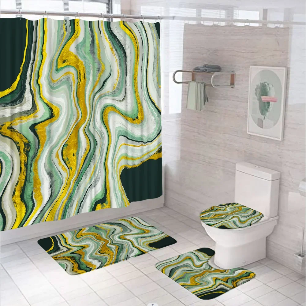 Marble Shower Curtain Sets Emerald Green Gold Modern Abstract Bathroom Curtains Non-Slip Bath Mats U-Shaped Rug Toilet Lid Cover