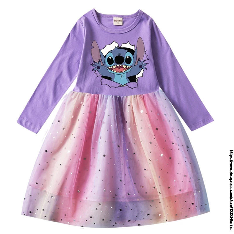 Vestido de malla de manga larga para niña, ropa de Lilo y Stitch, atuendo de princesa para fiesta de bebé, primavera y verano