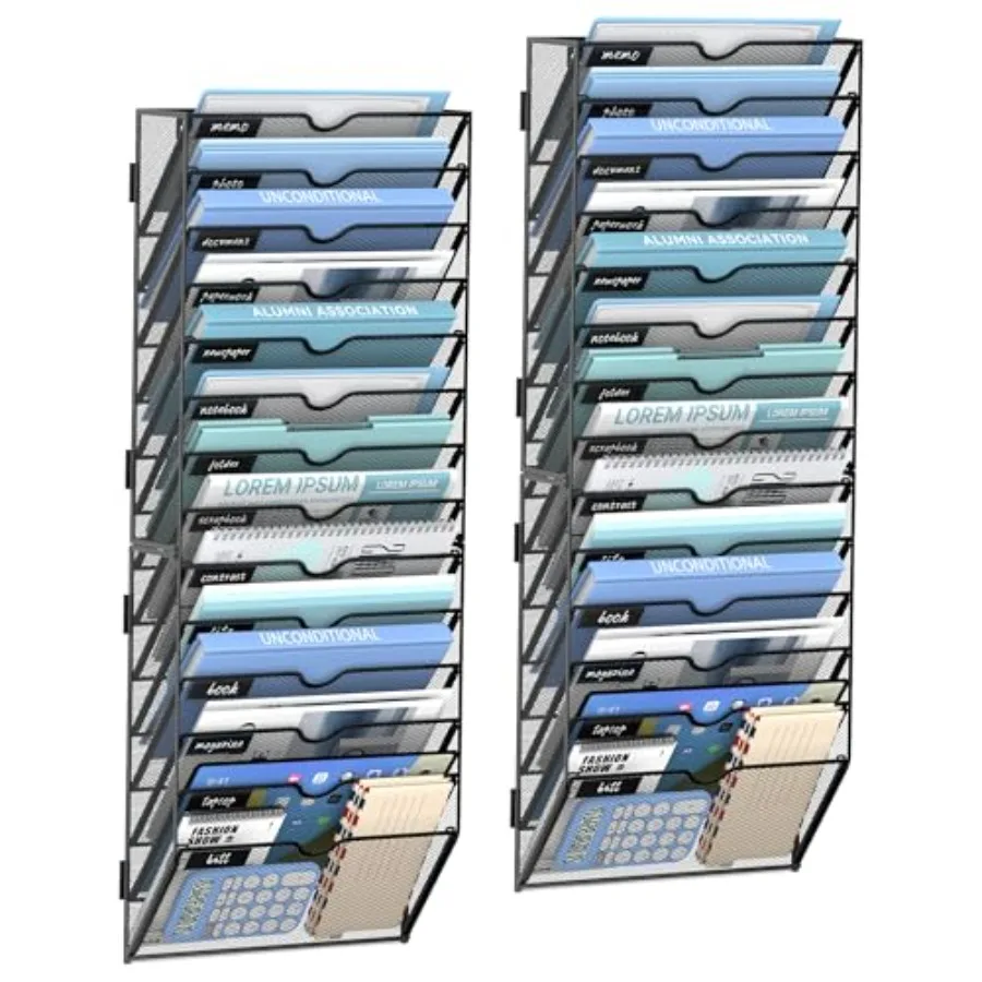 

Настенный органайзер для файлов на 14 ярусов, держатель для бумаг, металлический сортировщик для почты, для офиса, дома, школы, черный, 2 штуки в упаковке