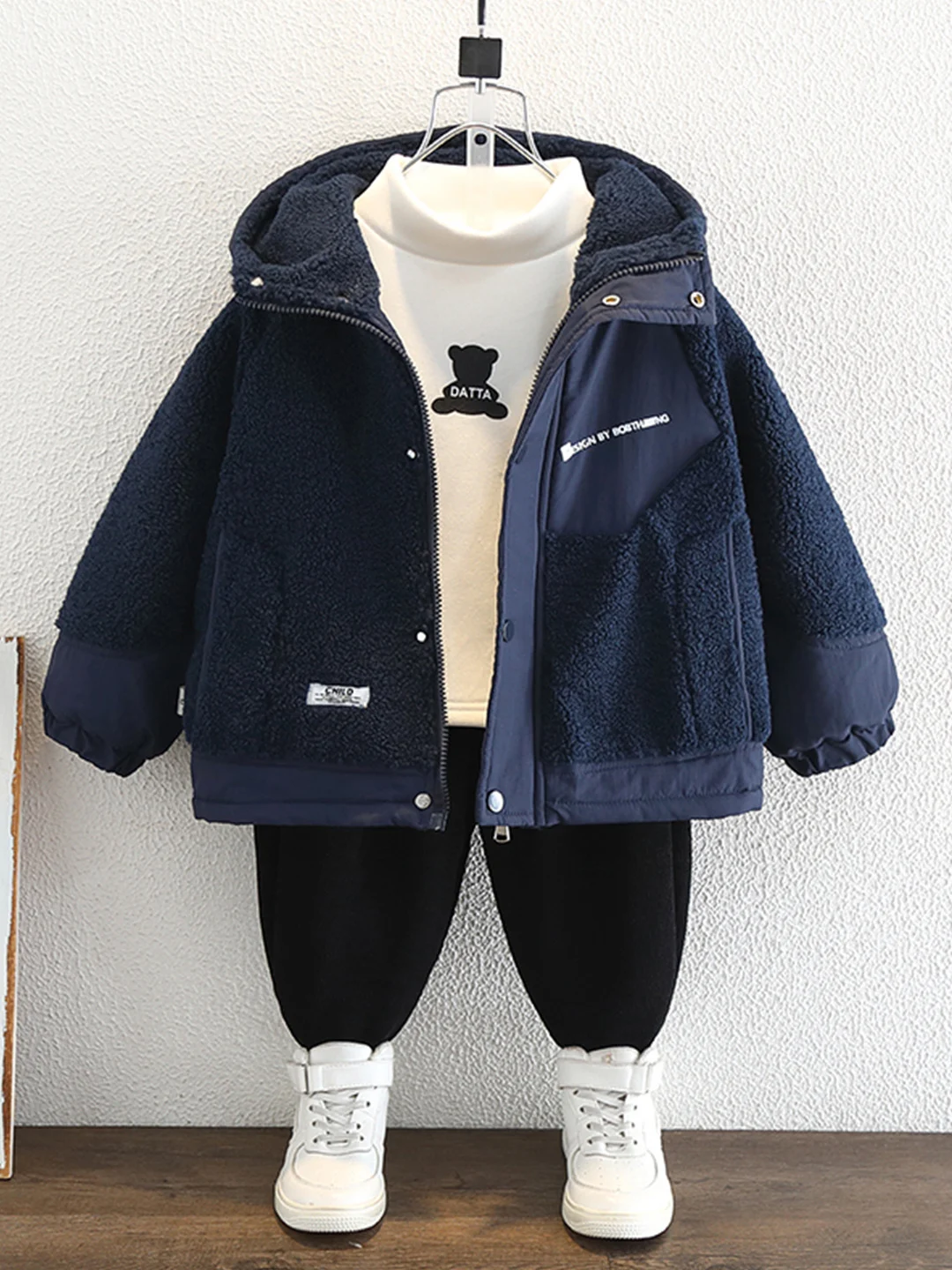 

Thiened Orlon Hooded Jaet for Boys Winter Cotton Padded Cardigan Youth Faion Warm Long Sve Zipper Closure Coat