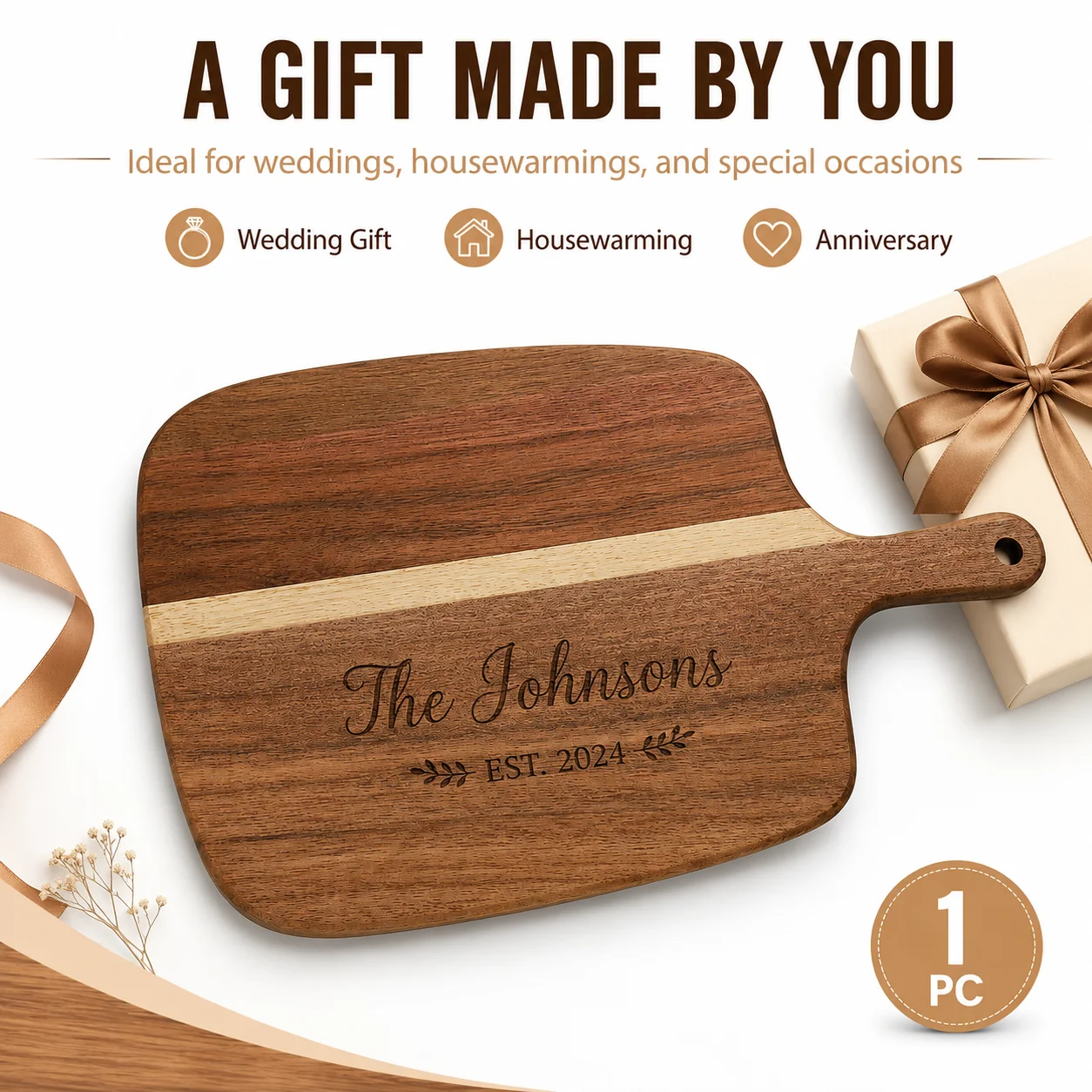1PC Wooden Cutting Board Blank for Laser Engraving, Wutan Hardwood Paddle Board, DIY Personalized Kitchen Gift