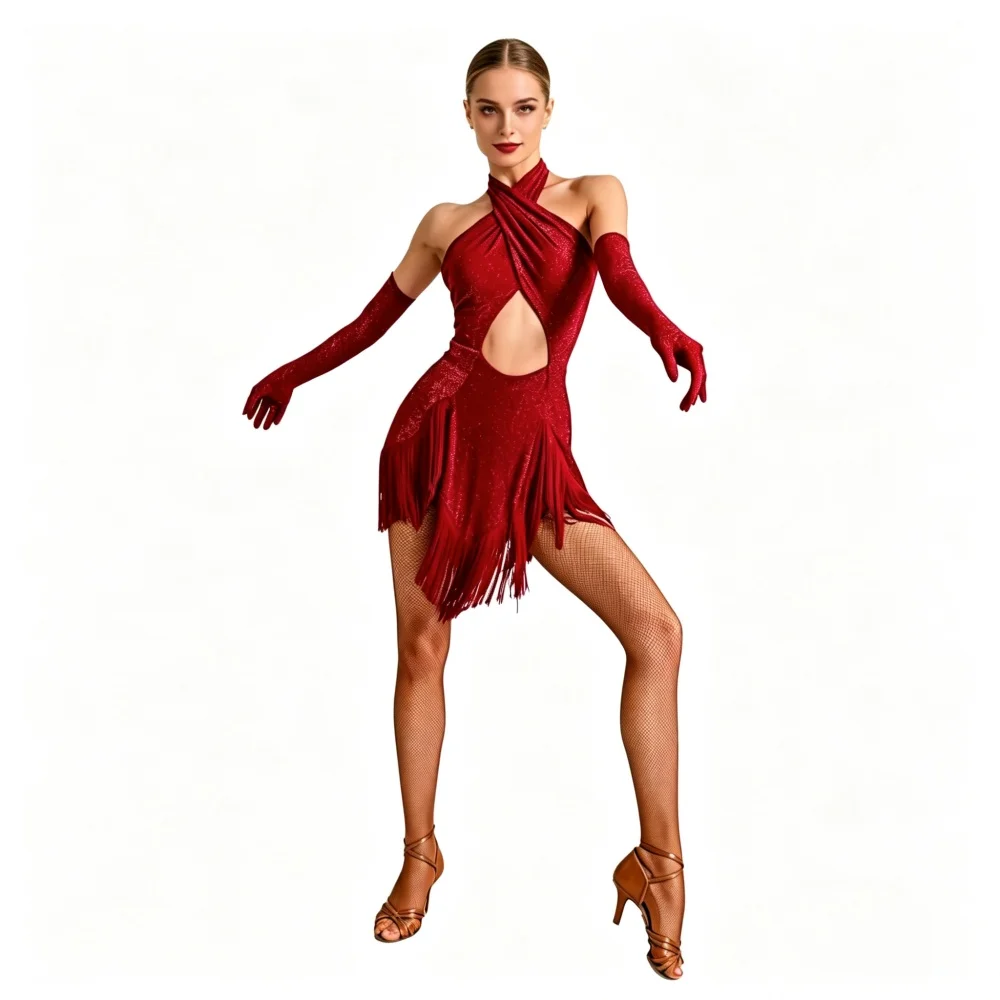 Girls Women Latin Dance Performance Costume Set X-Shape Mesh Patchwork Long Sleeve Red Tassel Skirt for Art Exams Dancewear