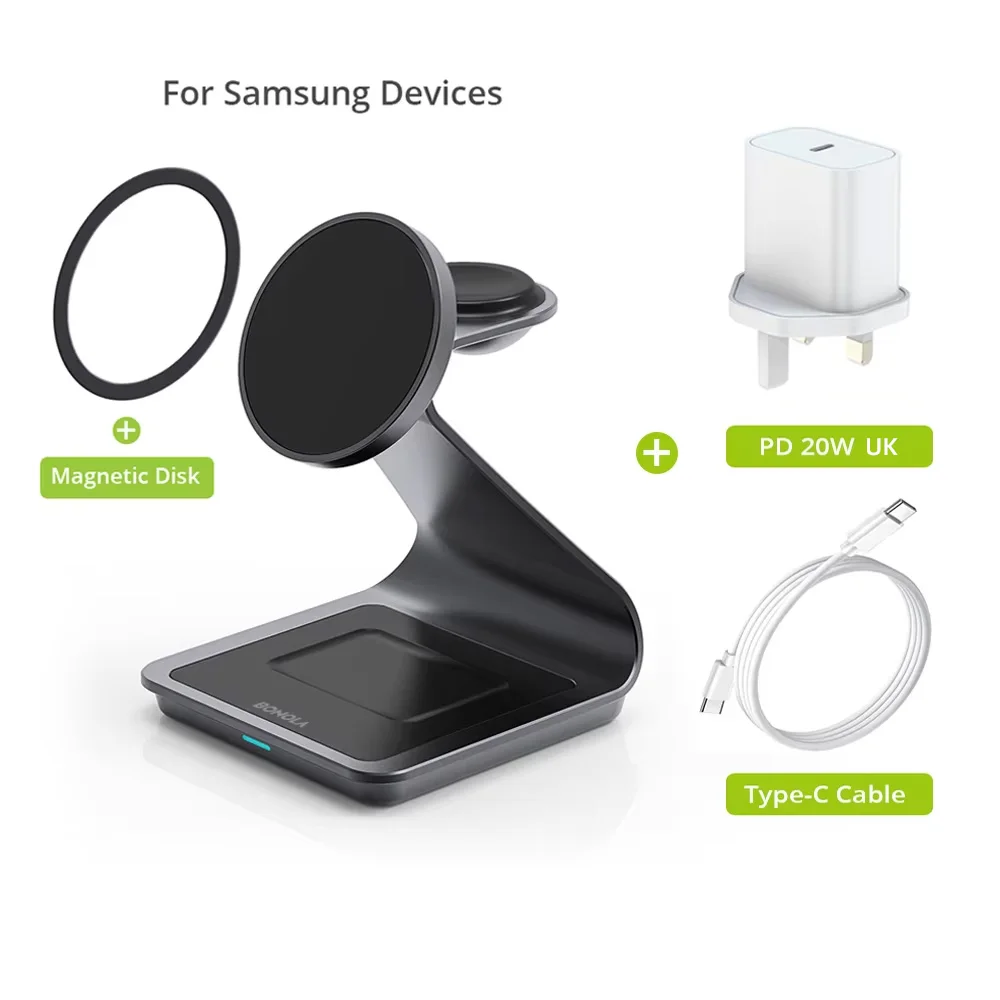 Bonola Magnetische 3-in-1 Draadloze Oplaadstation voor Samsung S24 Ultra/S25/26 Snellaadstandaard voor Galaxy Watch 8/7/6/Oordopjes