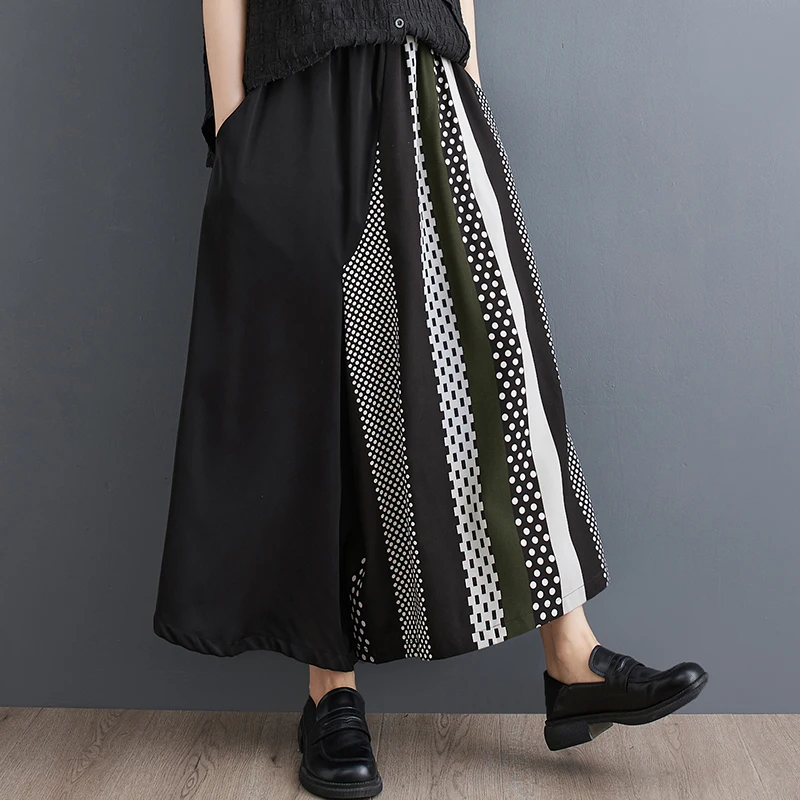 2025 New Female Vintage Color Block Versatile Pants Spring and Summer Loose Casual Floor-length Wide Leg Pants for Women C14