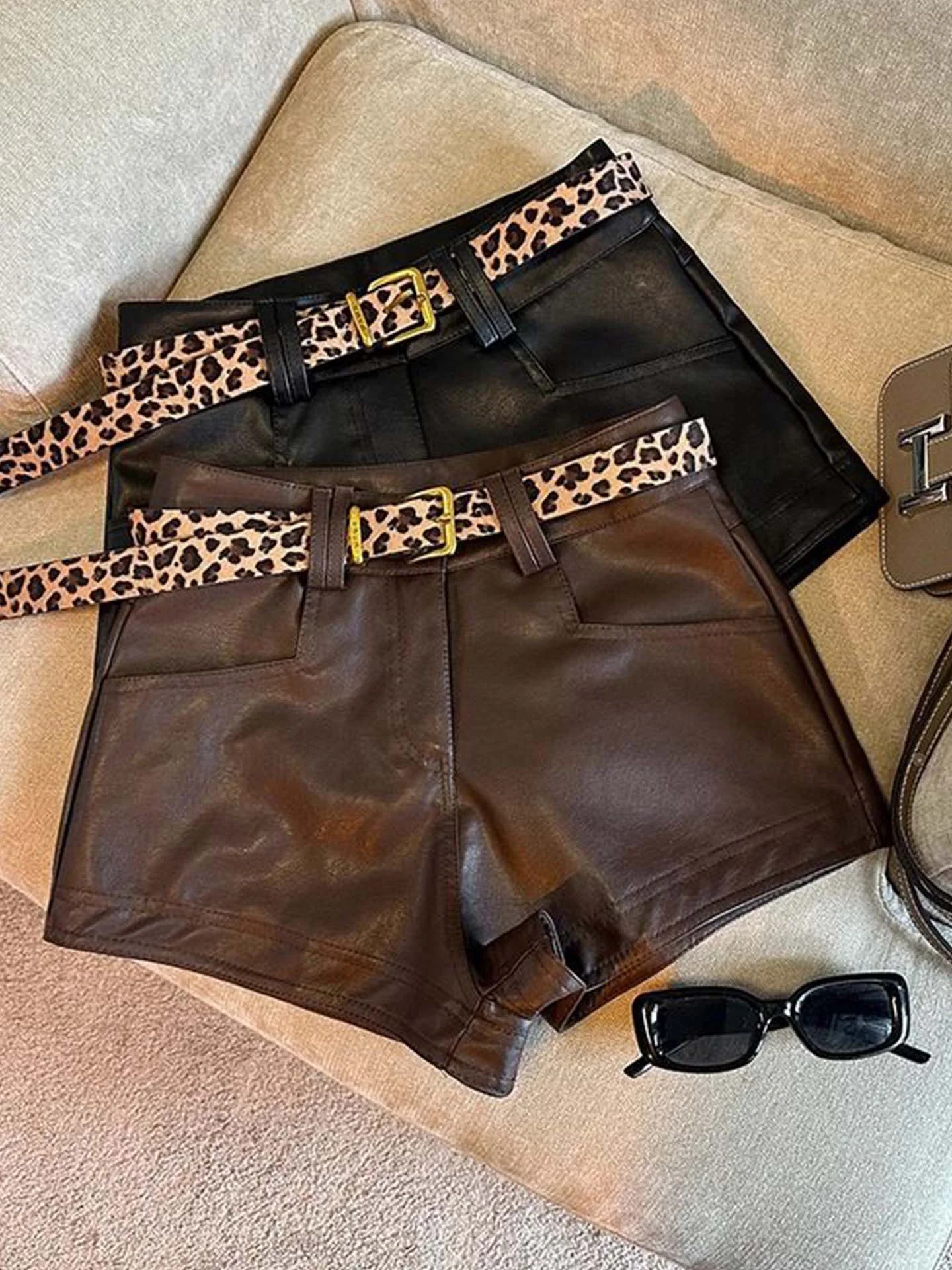 

High Waist PU Leather Bootcut orts Women's Wide Leg Retro Sle Belted Cheetah Print A-Line Wrap Hot Pants Casual Trousers
