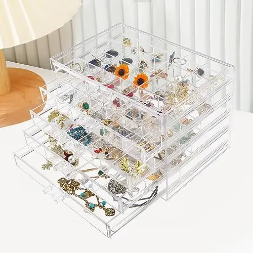 Estuche de Almacenamiento de Joyas de Acrílico Transparente con Cinco Cajones Deslizantes para Anillos, Pendientes, Collares y Broches
