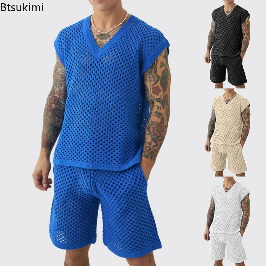 New Men's Summer Casual Knit V Neck Two-piece Sets Fashion Solid Loose Tank Tops and Shorts Sport Suit Men Hollow Out Streetwear