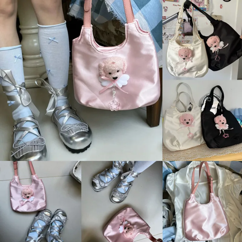 

Bow Pink Winged Puppy Y2K Waist Bag Women Fashionable Japanese Korean Cute Silk Fabric Single Shoulder Armpit Bag Crossbody Bag