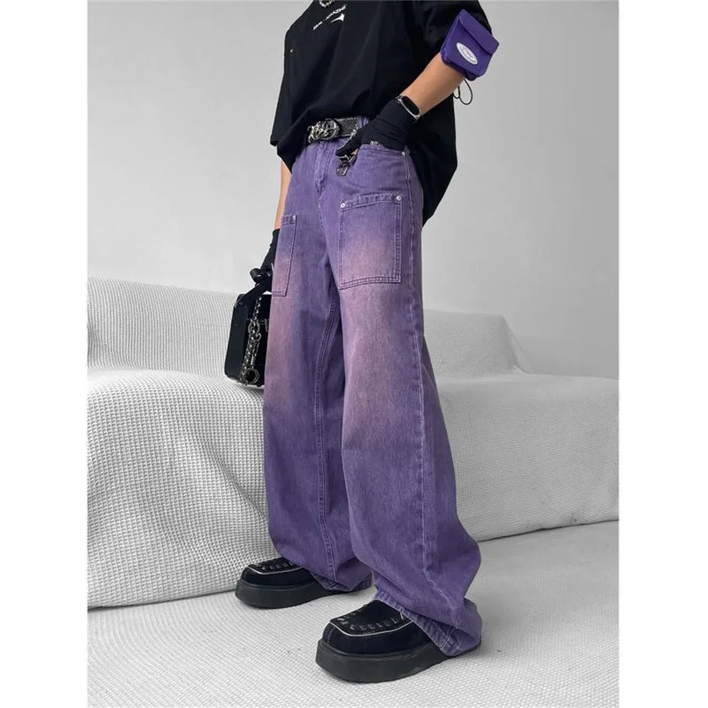 Jeans Pria Jepang Jeans Ungu Modis Celana Baggy Kargo Denim Tari Skateboard Pakaian Jalanan Kasual Antik Lurus Longgar