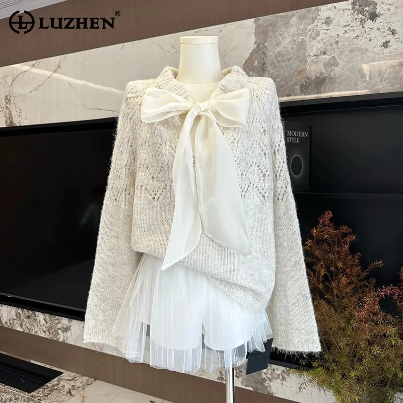 LUZHEN 2024 New Bow Ribbon Hollow Knitted Pullover Tops And Lace Solid Color Short Skirt Women's Fashion Two-piece Sets AA2342