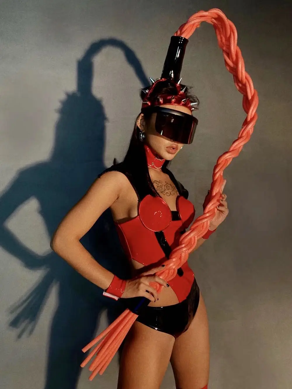 Bar Nightclub DJ Singer Sexy Stage Costume Red Long Braid Patent Leather Bodysuit Rivet Wig Headgear Rave Party Show Dance Wear