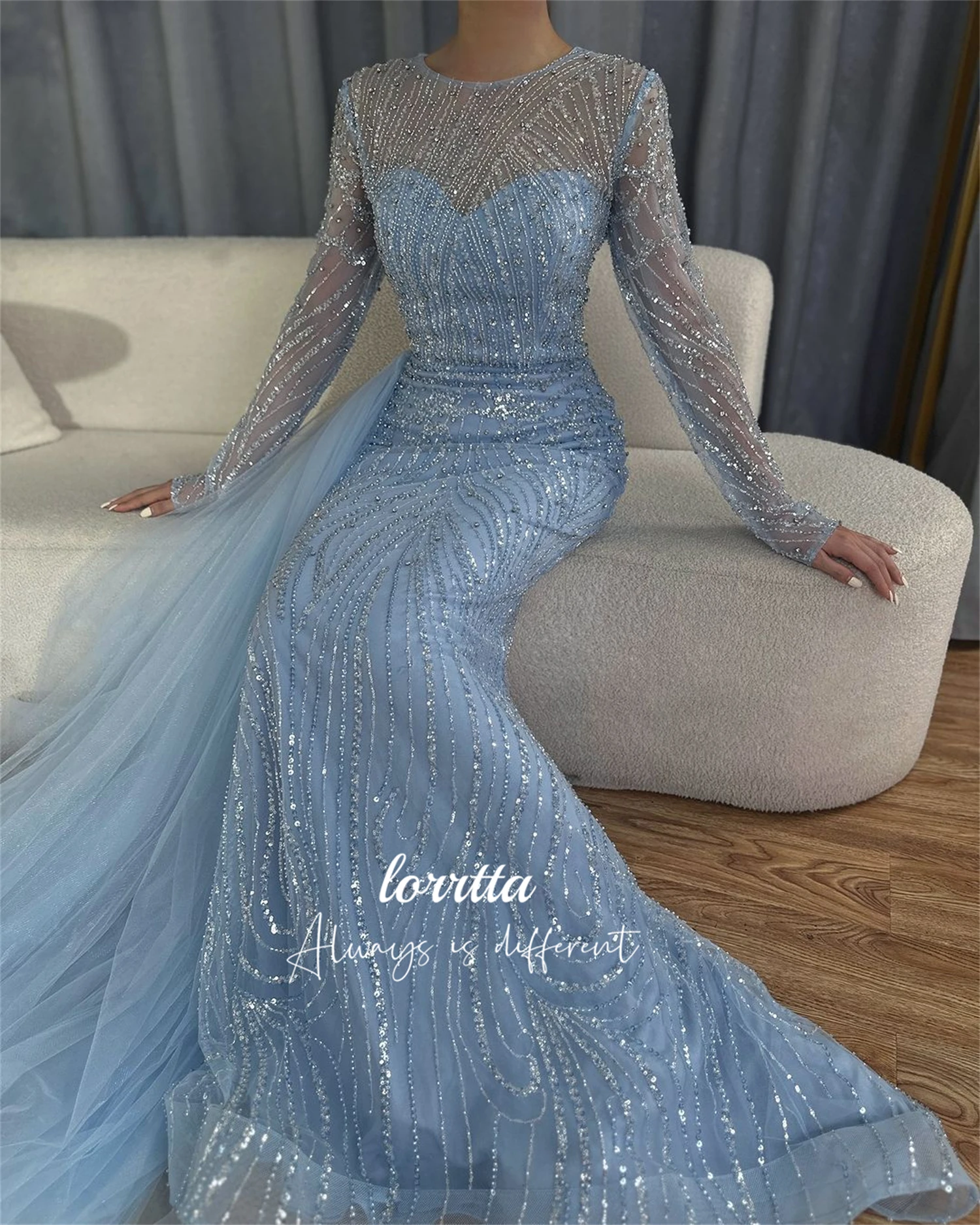 Loretta Lange mouwen Kralenborduurstof Avondjurk Luxe Fishtail Cut Jurken Gala Robes De Cocktail Party Aangepast