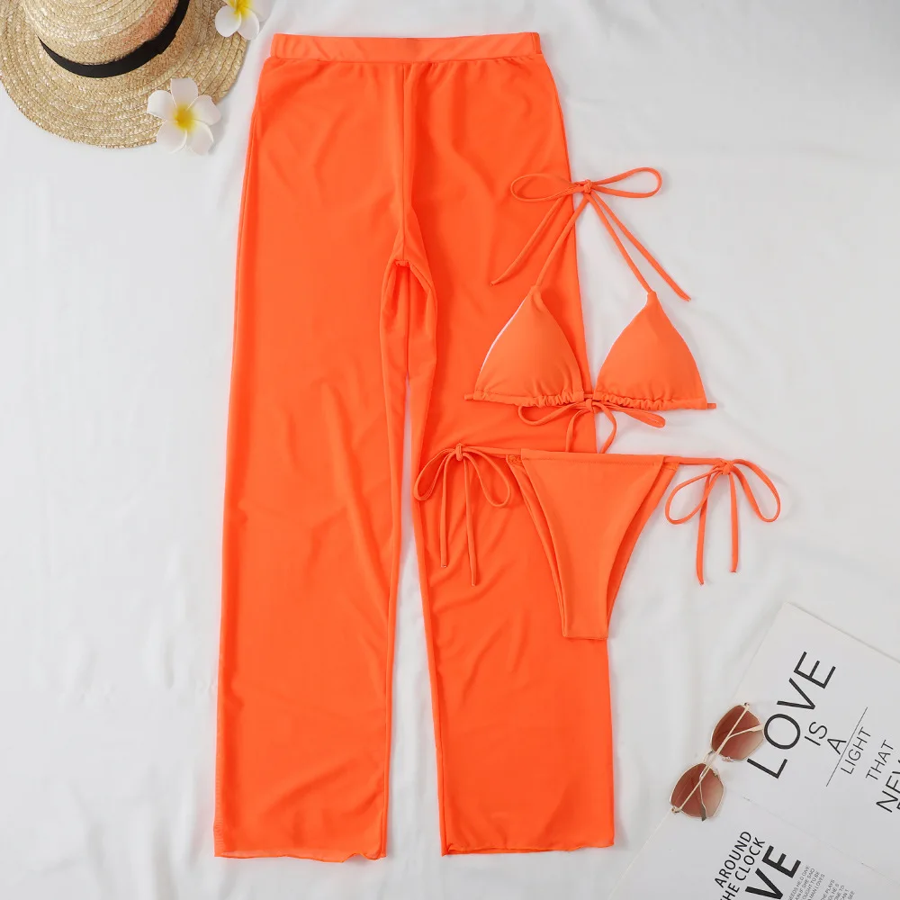 2024 Neon 3pack Bikini Swimsuit With Cover Up Pants Swimwear Women Thong Bathing Suit Micro Bikini Set Swimming Suits Biquini