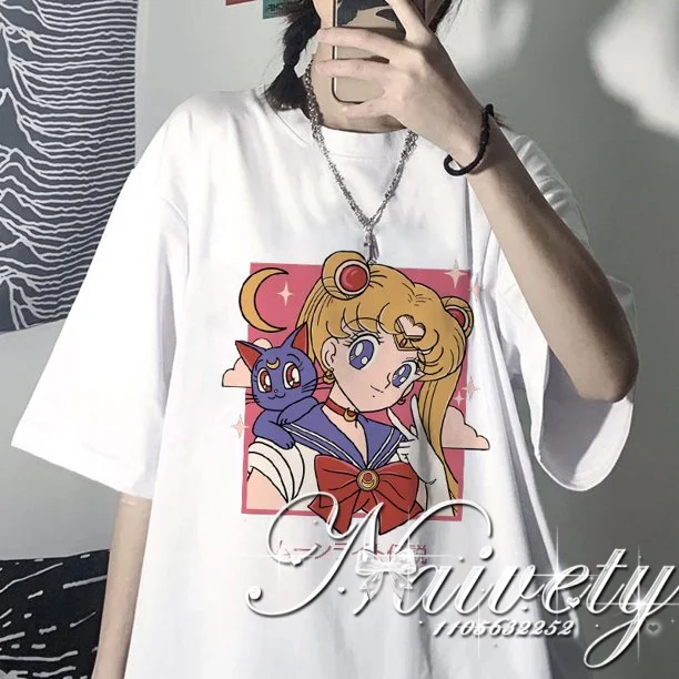 

2026 Summer Sailor Moon Print Cotton T-shirt, Unisex Loose Sportswear, Anime Tsukino Usagi Luna Manga Graphic Short Sleeve Tee