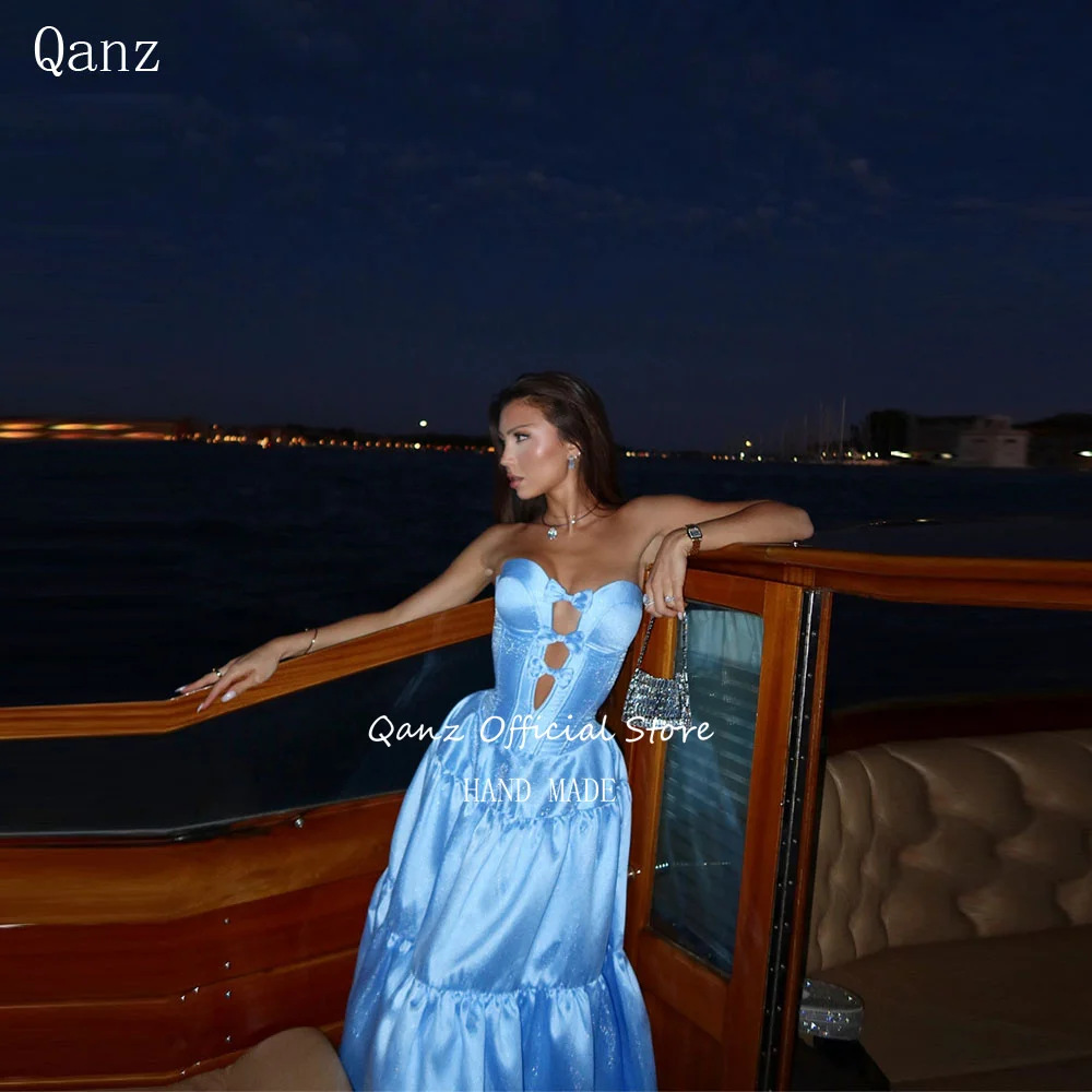 

Qanz Blue Glitter Satin Evening Dresses Sweetheart Long A Line Dresses For Birthday Luxury Bow Vestidos De Festa Customized