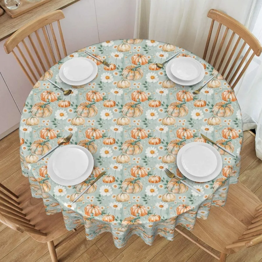 Fall Round Tablecloth 60 Inch Pumpkin Daisy Pattern Waterproof Dining Table Cover for Autumn Thanksgiving Heat Resistant Kitche