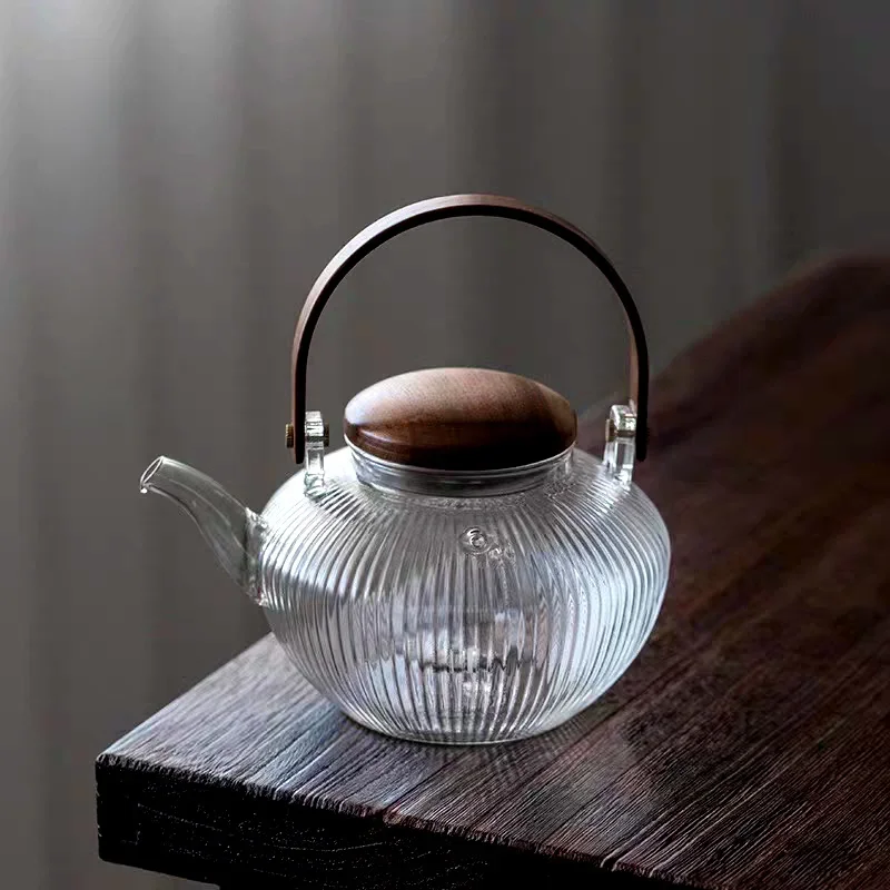 800ml Vertical stripes Wooden Beam Glass Teapot With Tea Infsuer  Boiling Puer Oolong Kung Fu Tea Set Health Flower Tea Maker