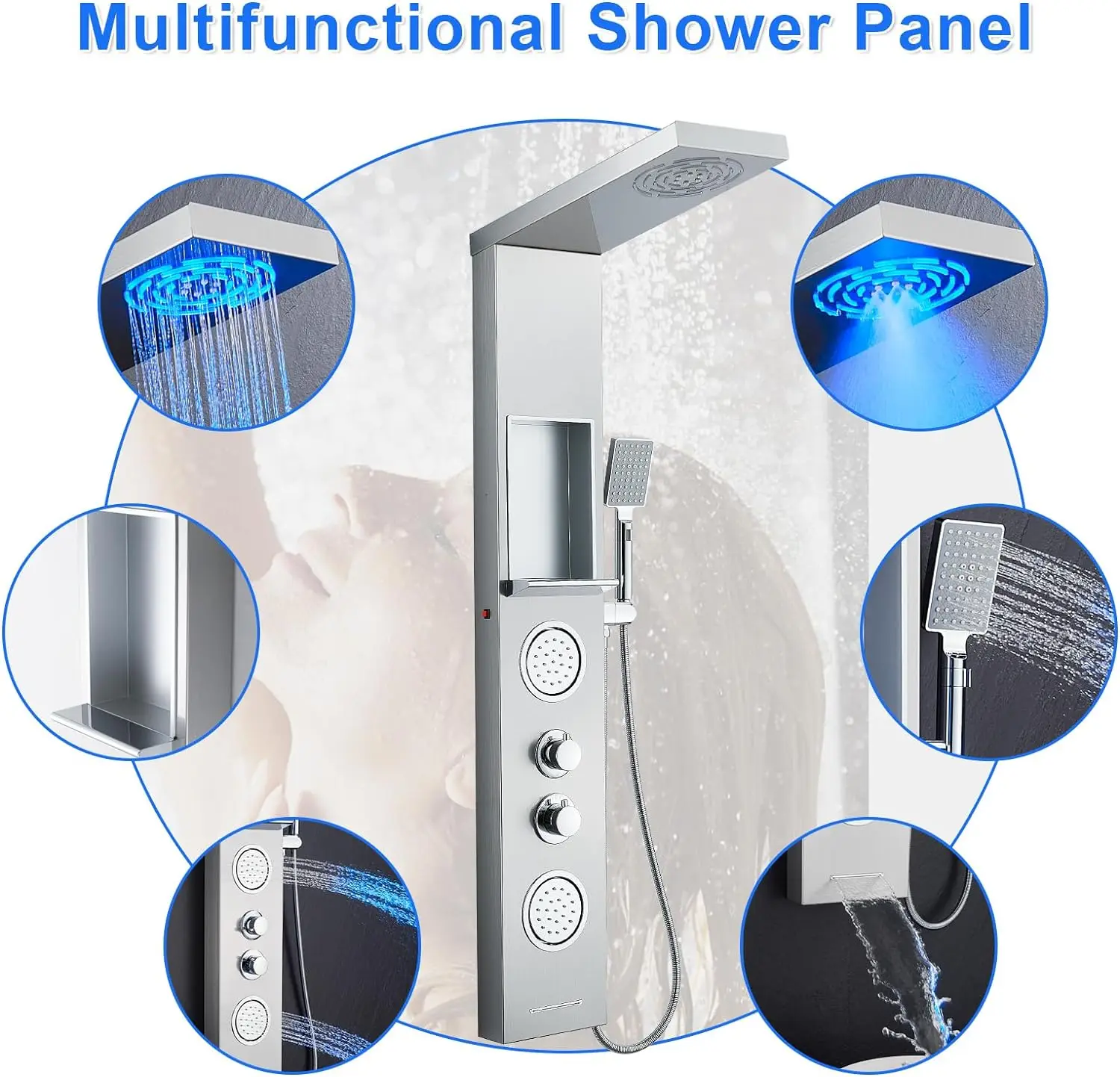 Shower Panel LED Shower Tower Shelf Mist Rainfall System 2 Body Spa Jets Tup Spout 304 Stainless Steel Column Brushed Nickel