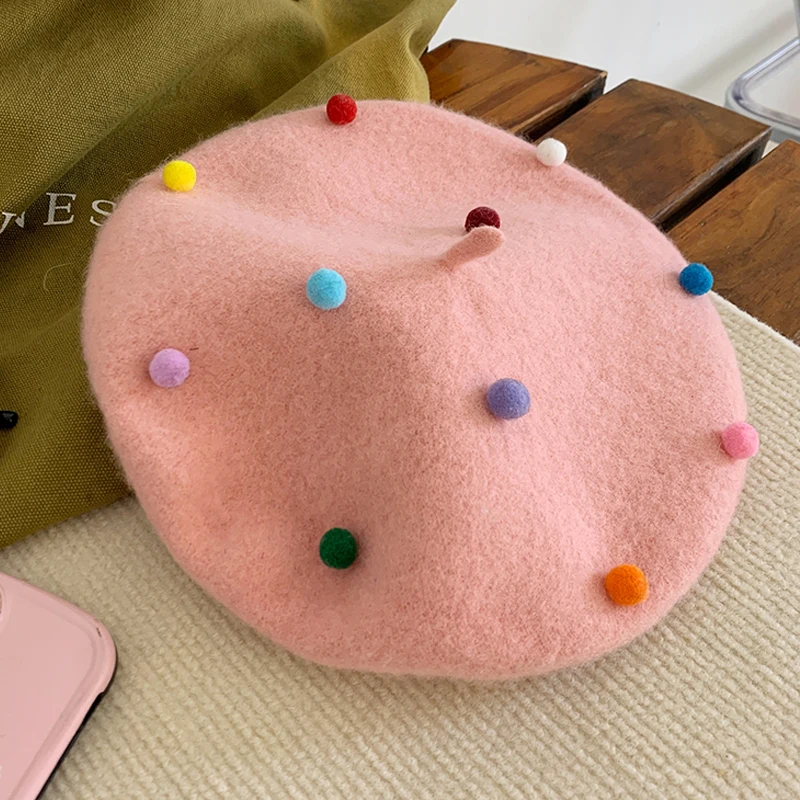 RH Girls Beanies Artist Painter Hat Sugar Bean Little Ball Woolen Felt Cute Sweet Women Beret Hat