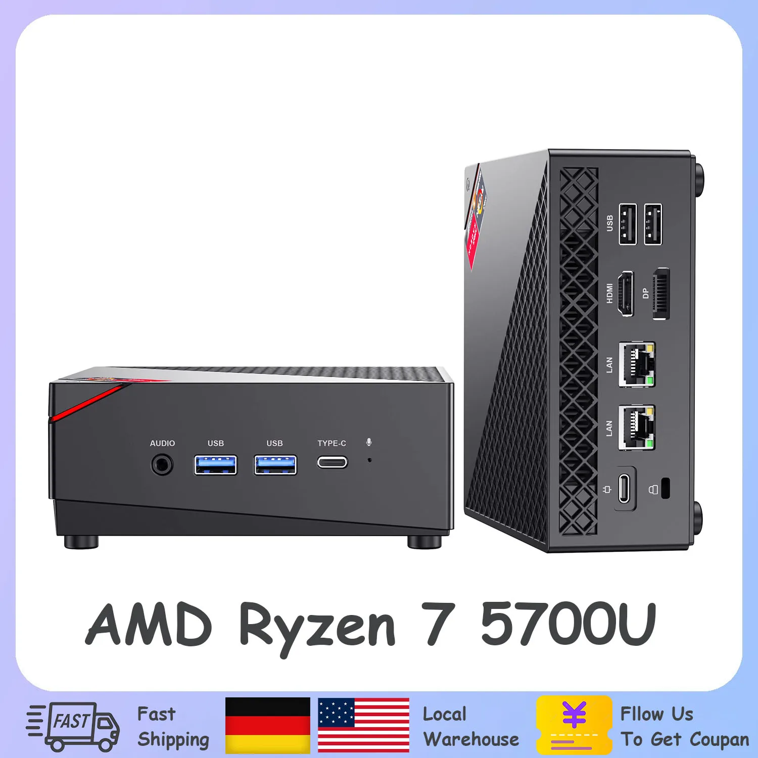 ACEMAGIC AM06 프로 미니 PC, AMD Ryzen 7 5700U, 8C, 16T, 최대 4.3Ghz, 16GB DDR4, 512GB 미니 컴퓨터, C타입, 듀얼 LAN, WiFi6, BT5.2